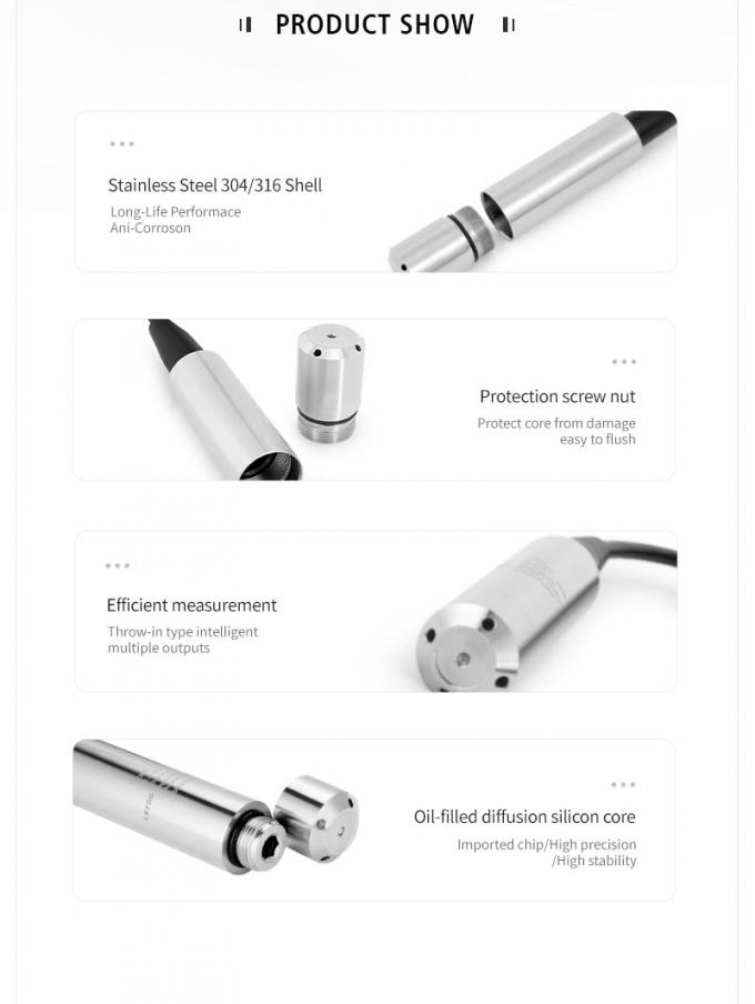 Rujia 4-20ma เครื่องตรวจจับระดับของของเหลวที่จมน้ํา เครื่องส่งสัญญาณ เครื่องตรวจจับระดับของน้ําแบบไฮโดรสตาติก สําหรับการบําบัดน้ําเสีย 2